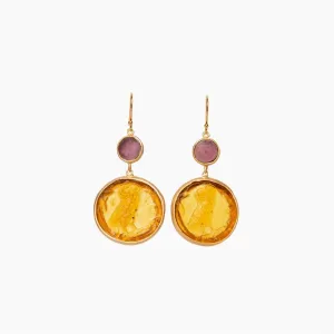 Glass Coin of Athens Motif Double Drop Earrings (Amber & Plum Tones)