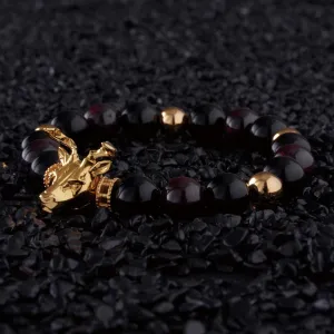 Gold Deer, obsidian, garnet bracelet with gold connector