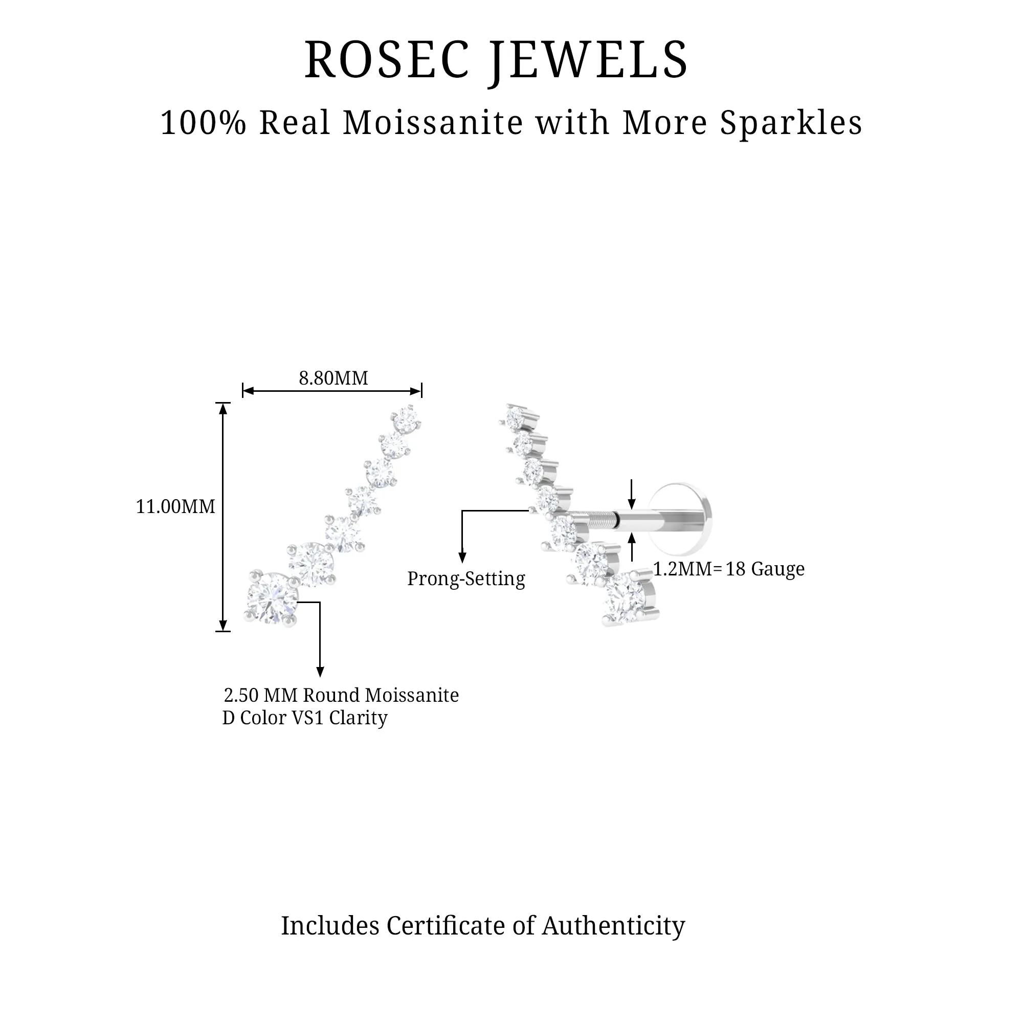Graduated Style Moissanite Crawler Earring for Helix Piercing
