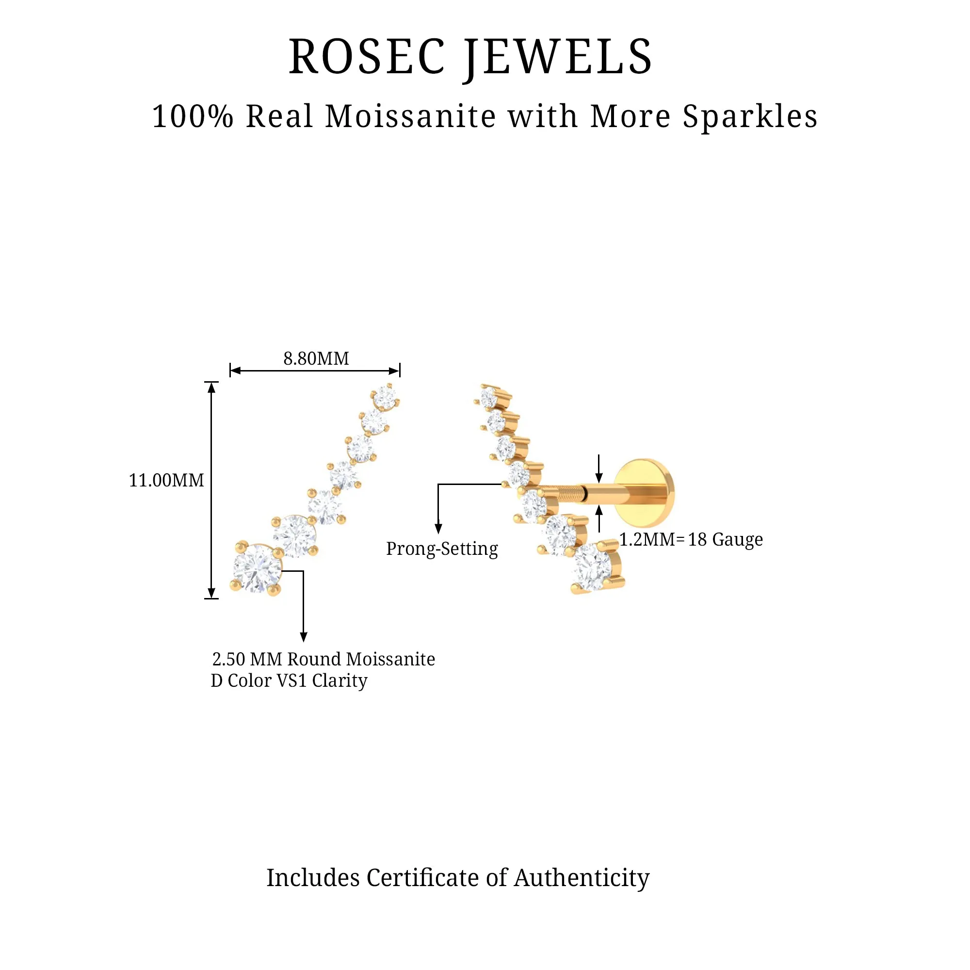 Graduated Style Moissanite Crawler Earring for Helix Piercing