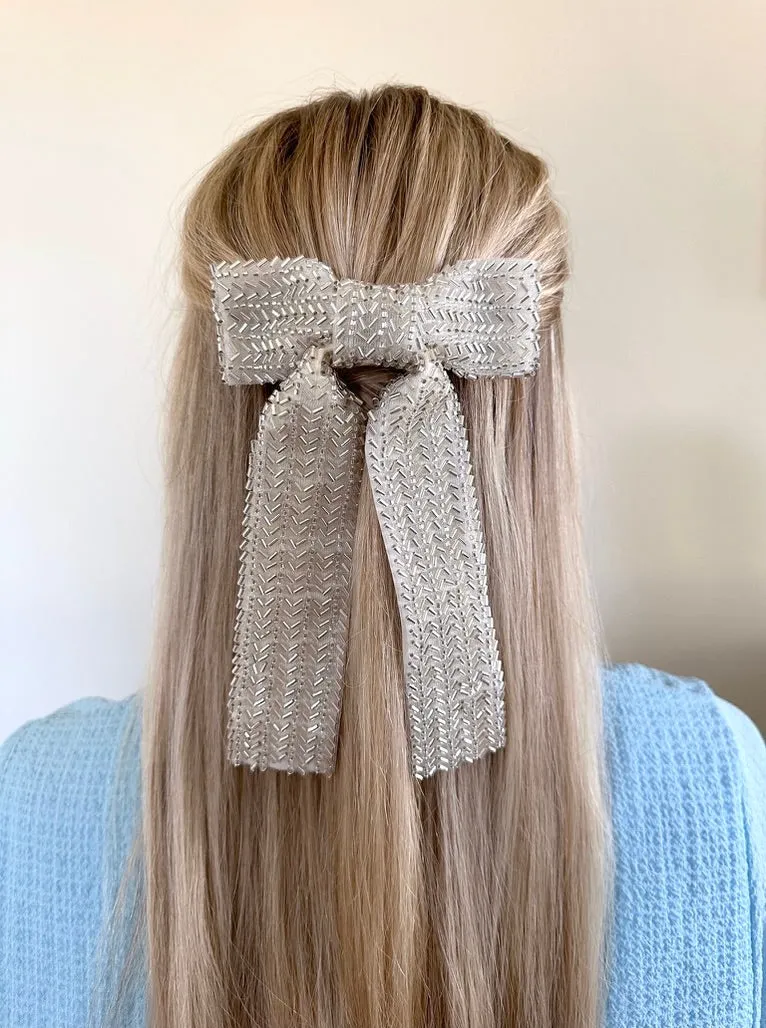 Hand-Beaded Silver Hair Bow Barrette