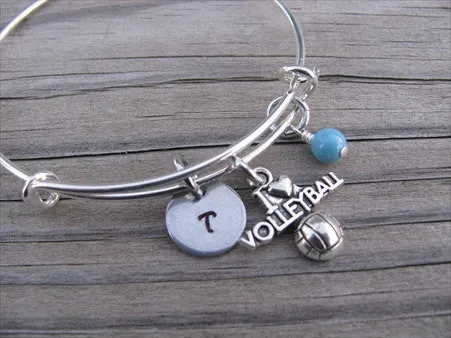 I ♥ Volleyball Charm Bracelet- Adjustable Bangle Bracelet with an Initial Charm and an Accent Bead of your choice