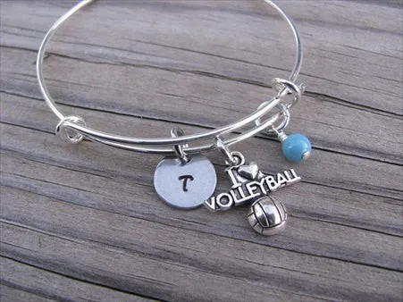 I ♥ Volleyball Charm Bracelet- Adjustable Bangle Bracelet with an Initial Charm and an Accent Bead of your choice