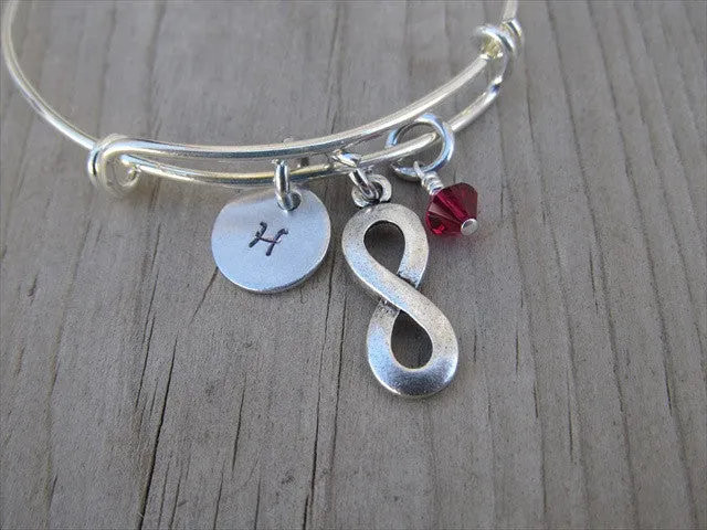 Infinity Charm Bracelet- Adjustable Bangle Bracelet with an Initial Charm and an Accent Bead of your choice