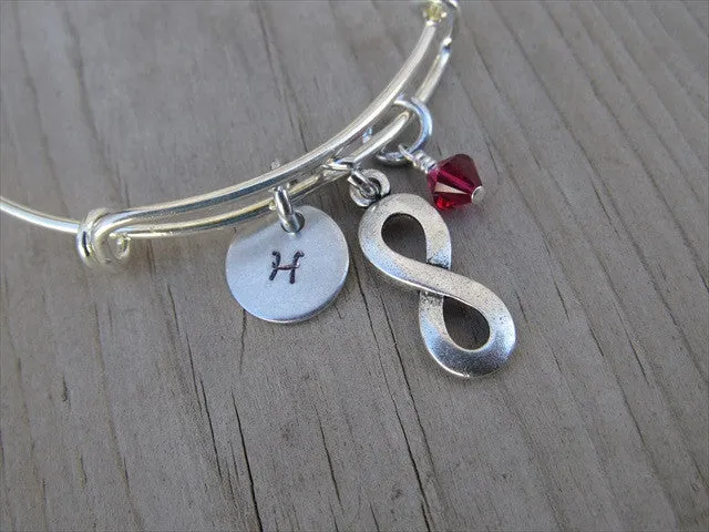Infinity Charm Bracelet- Adjustable Bangle Bracelet with an Initial Charm and an Accent Bead of your choice