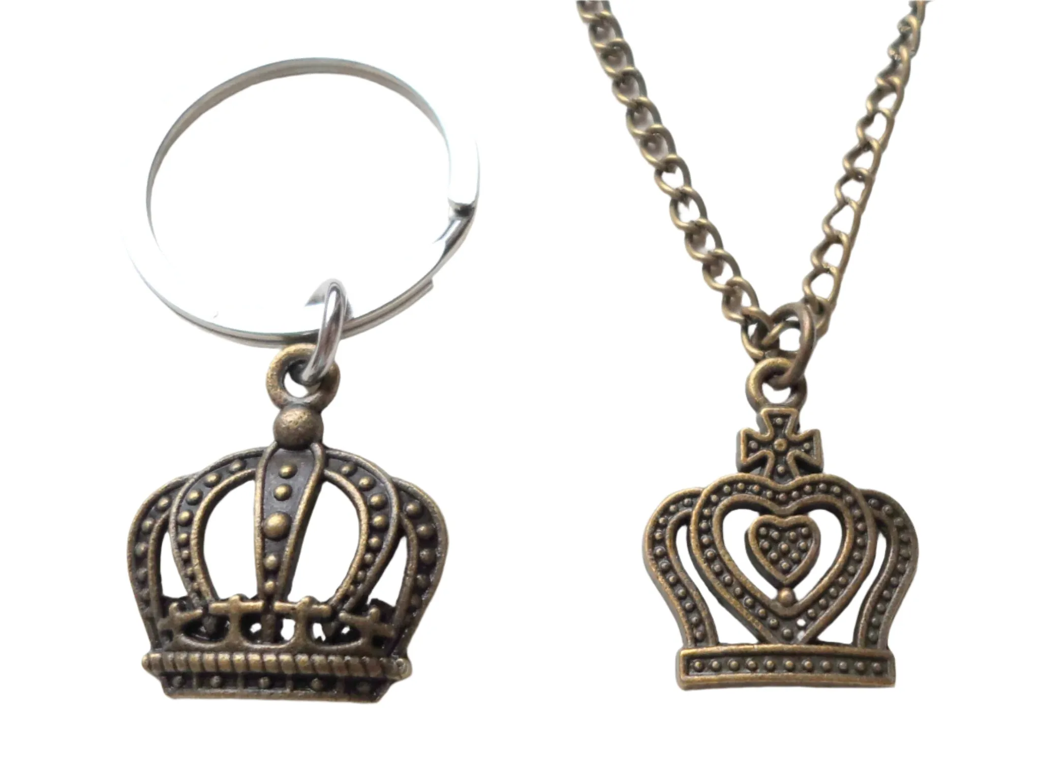 King And Queen Crown Necklace & Keychain Set - King And Queen; Couples Keychain Set
