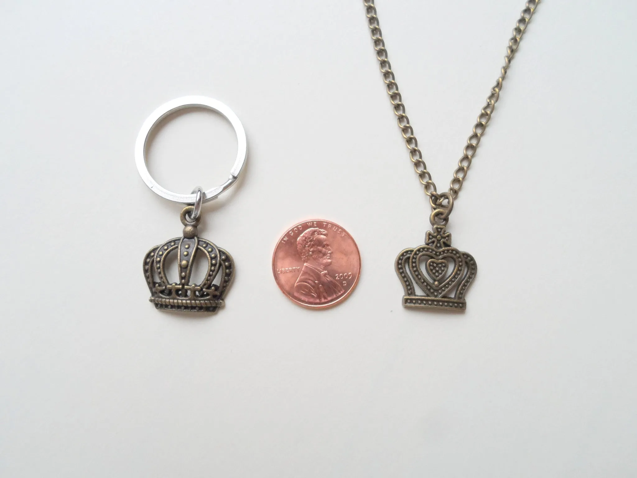 King And Queen Crown Necklace & Keychain Set - King And Queen; Couples Keychain Set