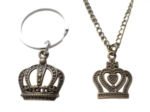 King And Queen Crown Necklace & Keychain Set - King And Queen; Couples Keychain Set