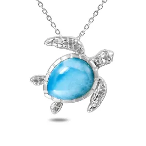 Life@Sea Genuine Sterling Silver Larimar/Synthetic Opal Cabochon Sea Turtle Pendant Necklace