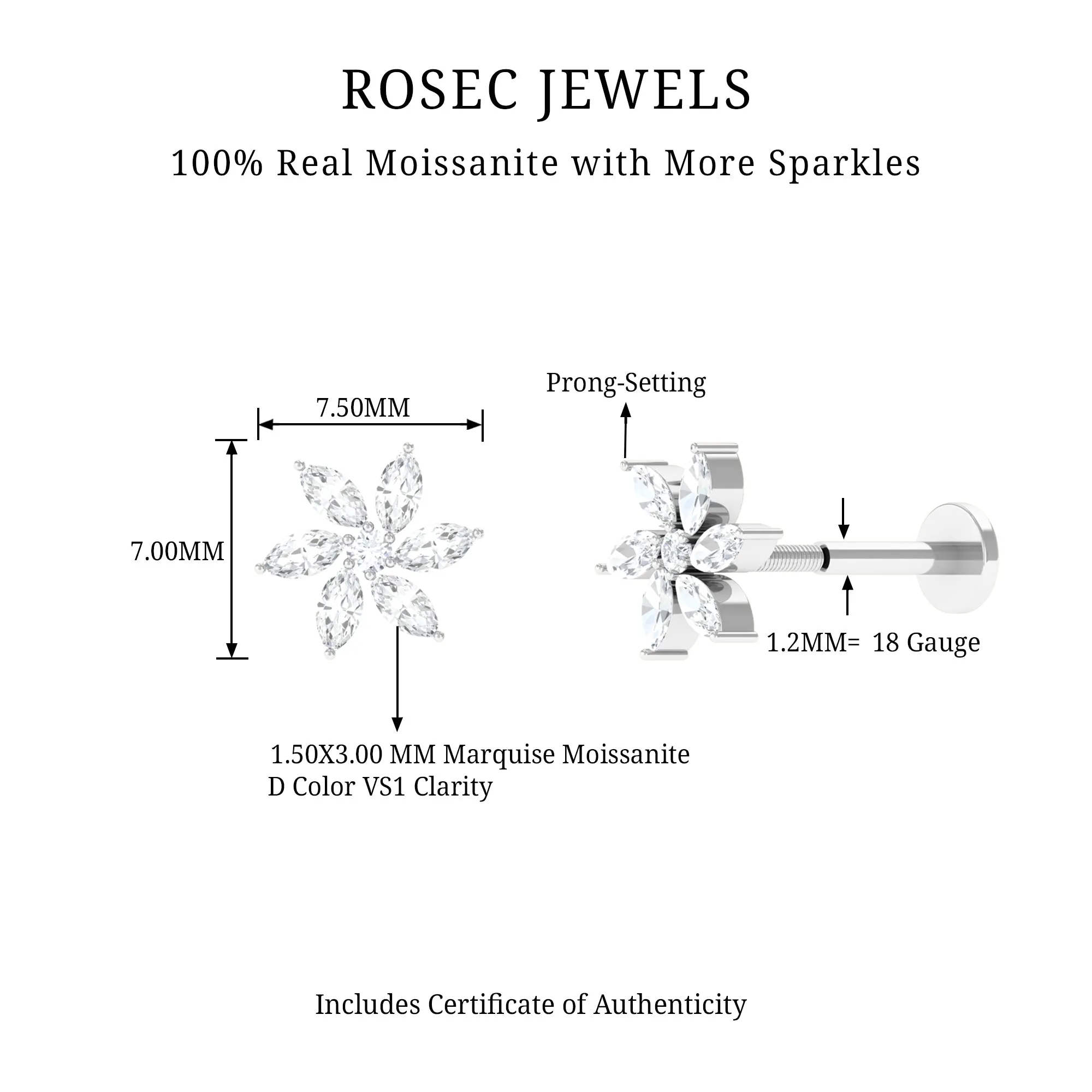 Marquise Moissanite Flower Earring for Cartilage Piercing