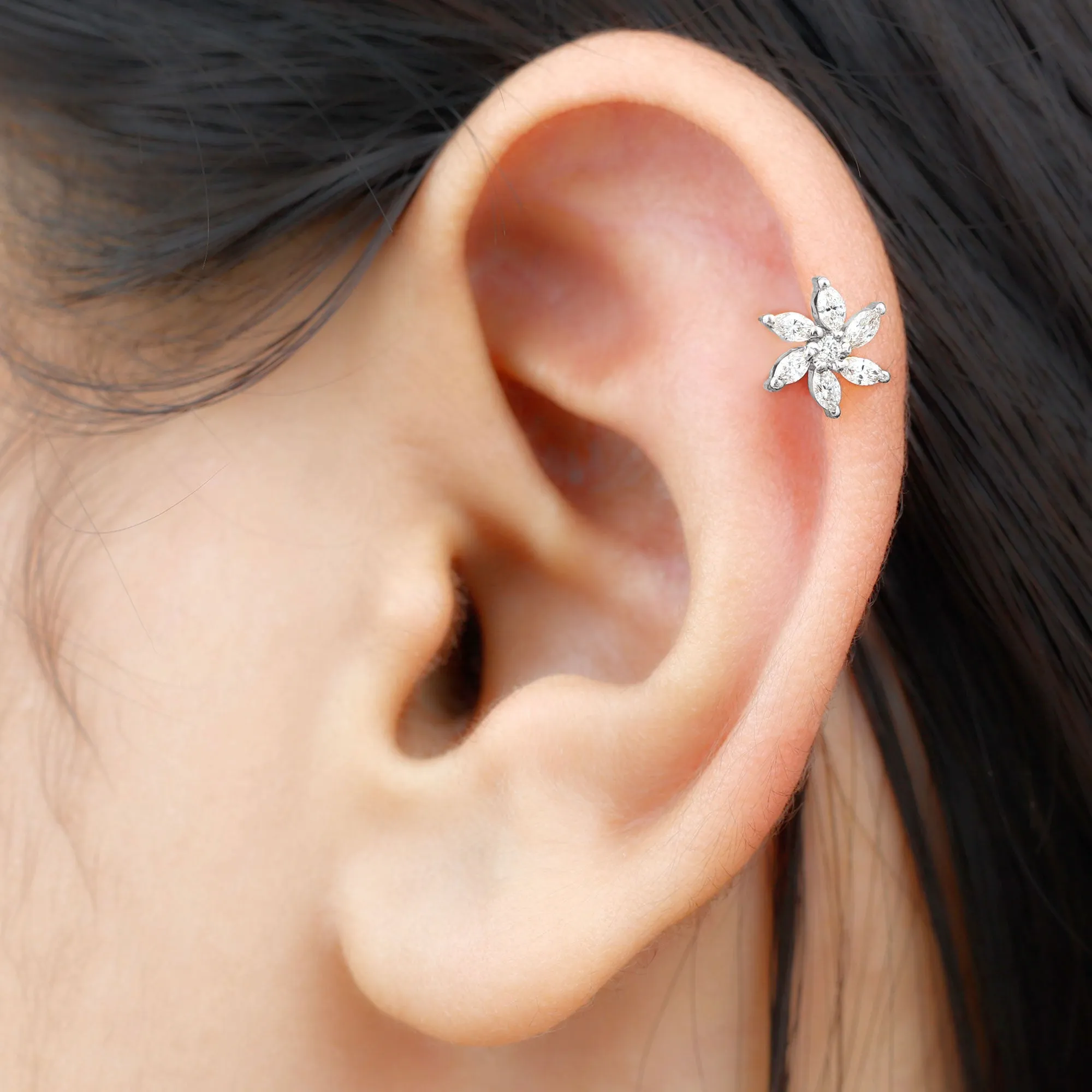 Marquise Moissanite Flower Earring for Cartilage Piercing