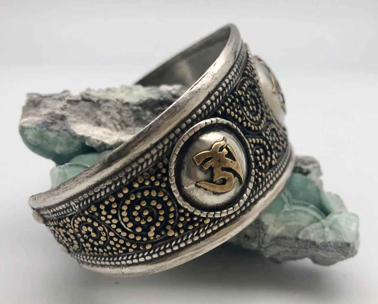 Modern Tibet Nepali Silver and Brass Cuff Bracelet with Filigree Om Symbols