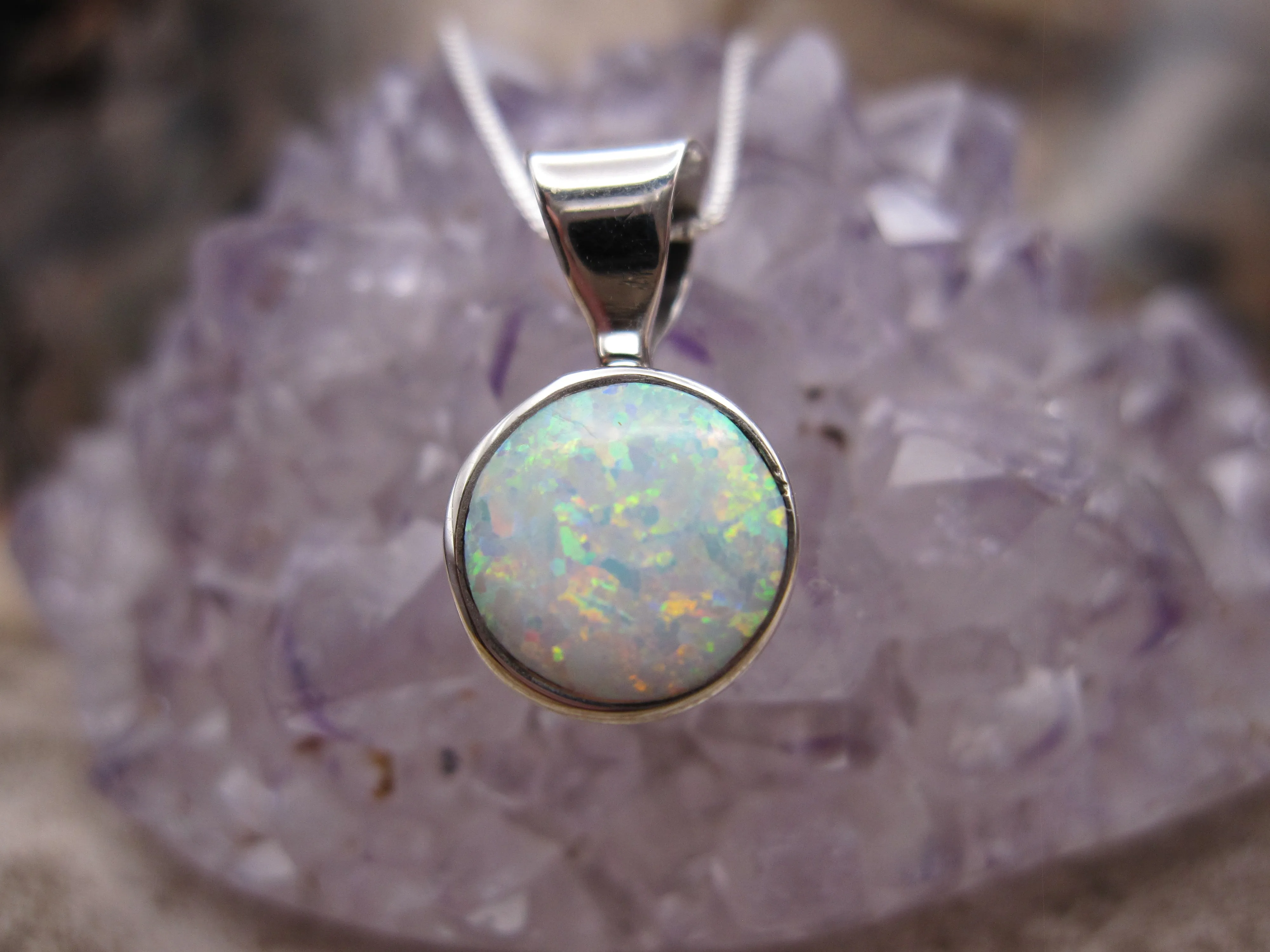 Native American Made Dainty Opal and Sterling Silver Pendant with Chain