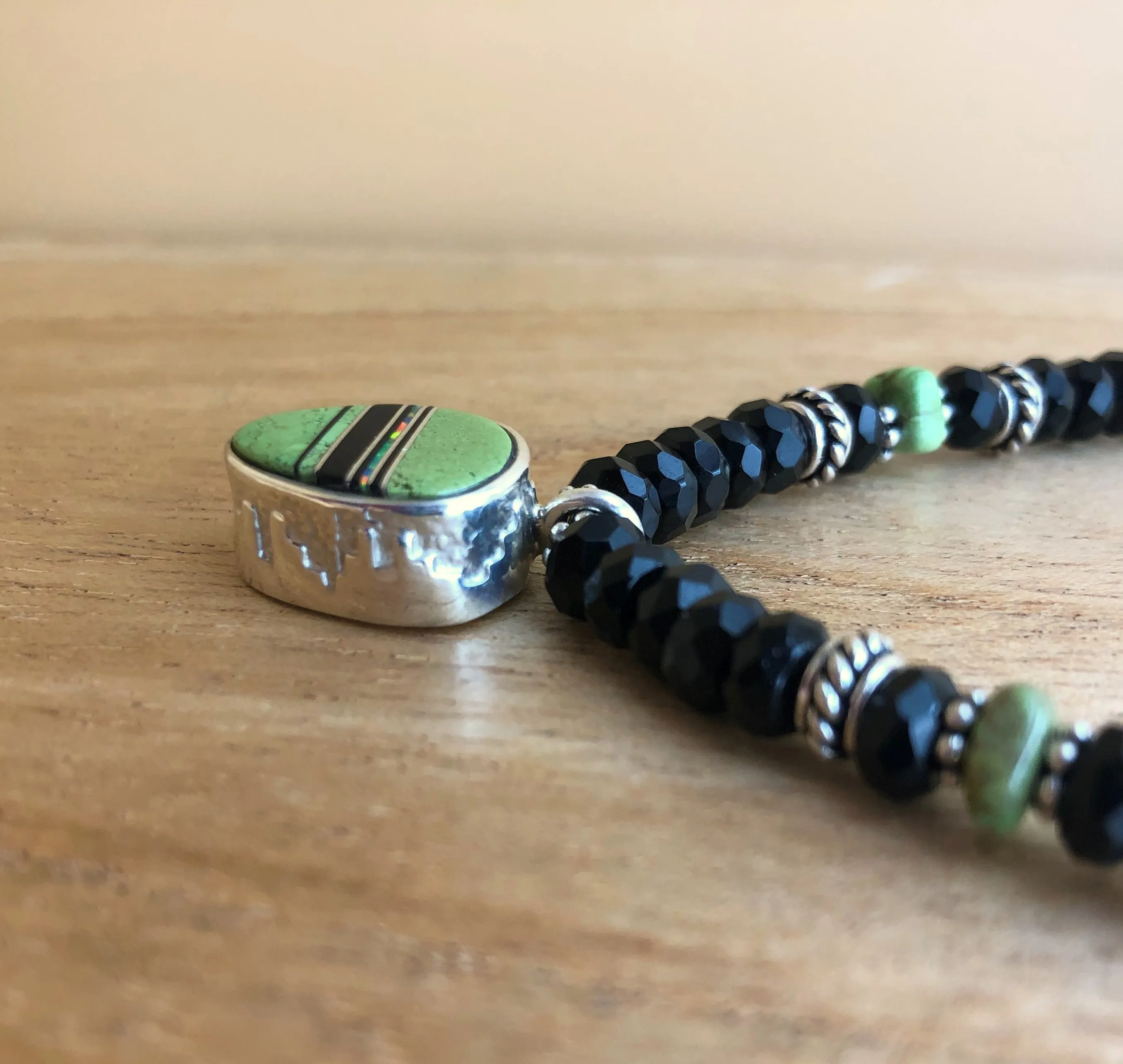 Native American Made Onyx And Gaspeite Bead Necklace with Gaspeite Inlay Pendant