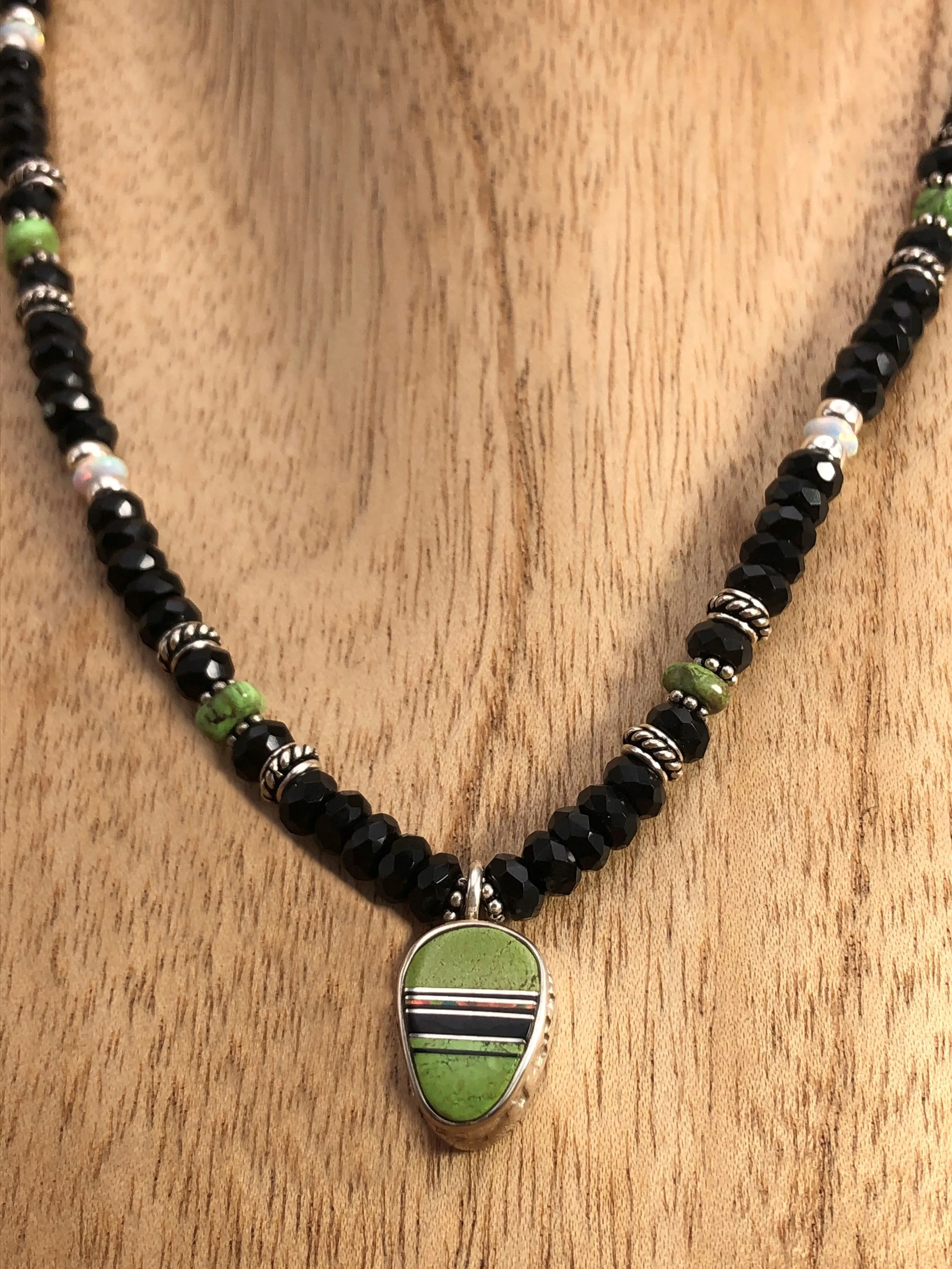Native American Made Onyx And Gaspeite Bead Necklace with Gaspeite Inlay Pendant