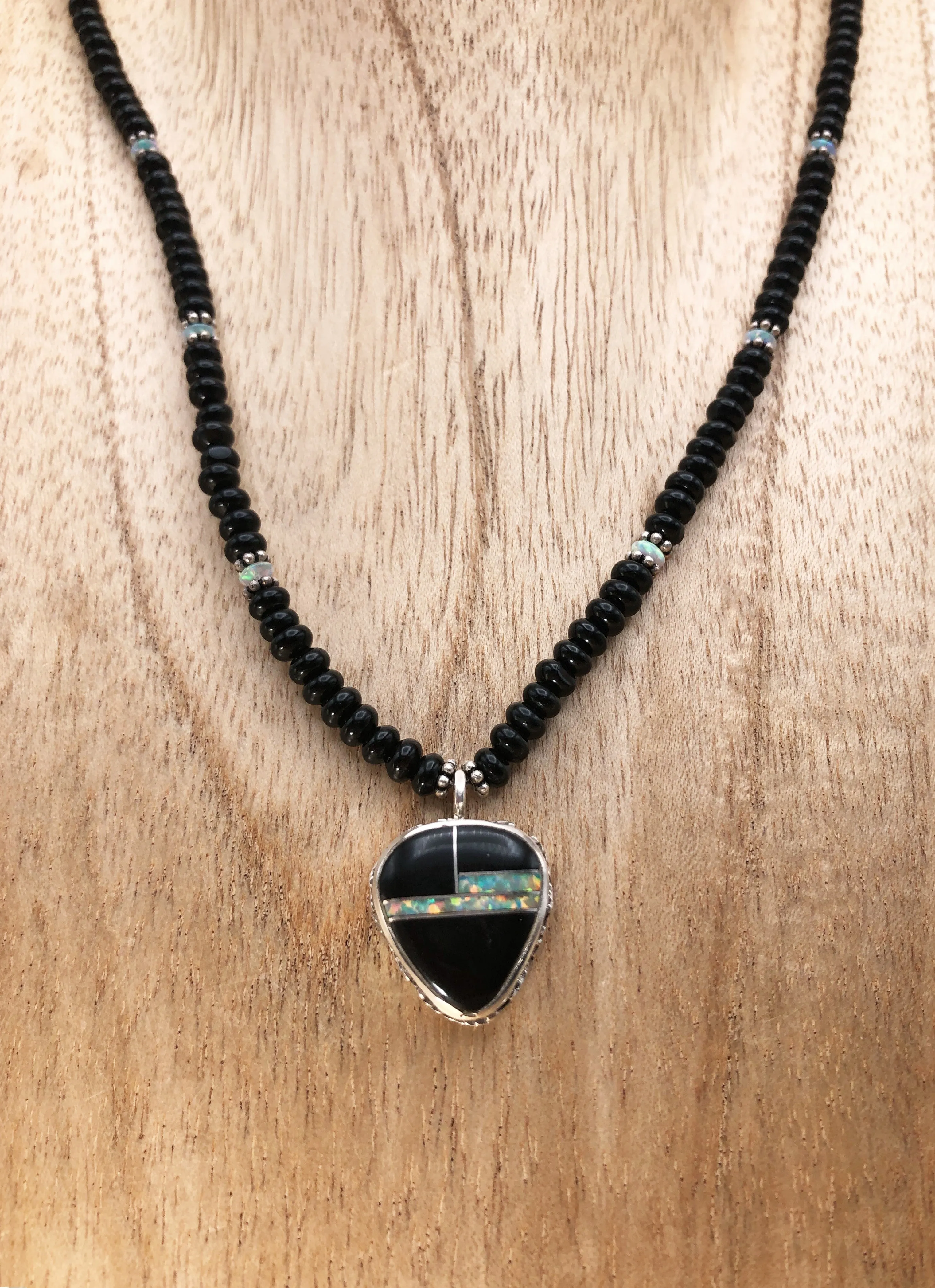 Native American Made Onyx Necklace With Jet And Opal Inlay Sterling Silver Pendant