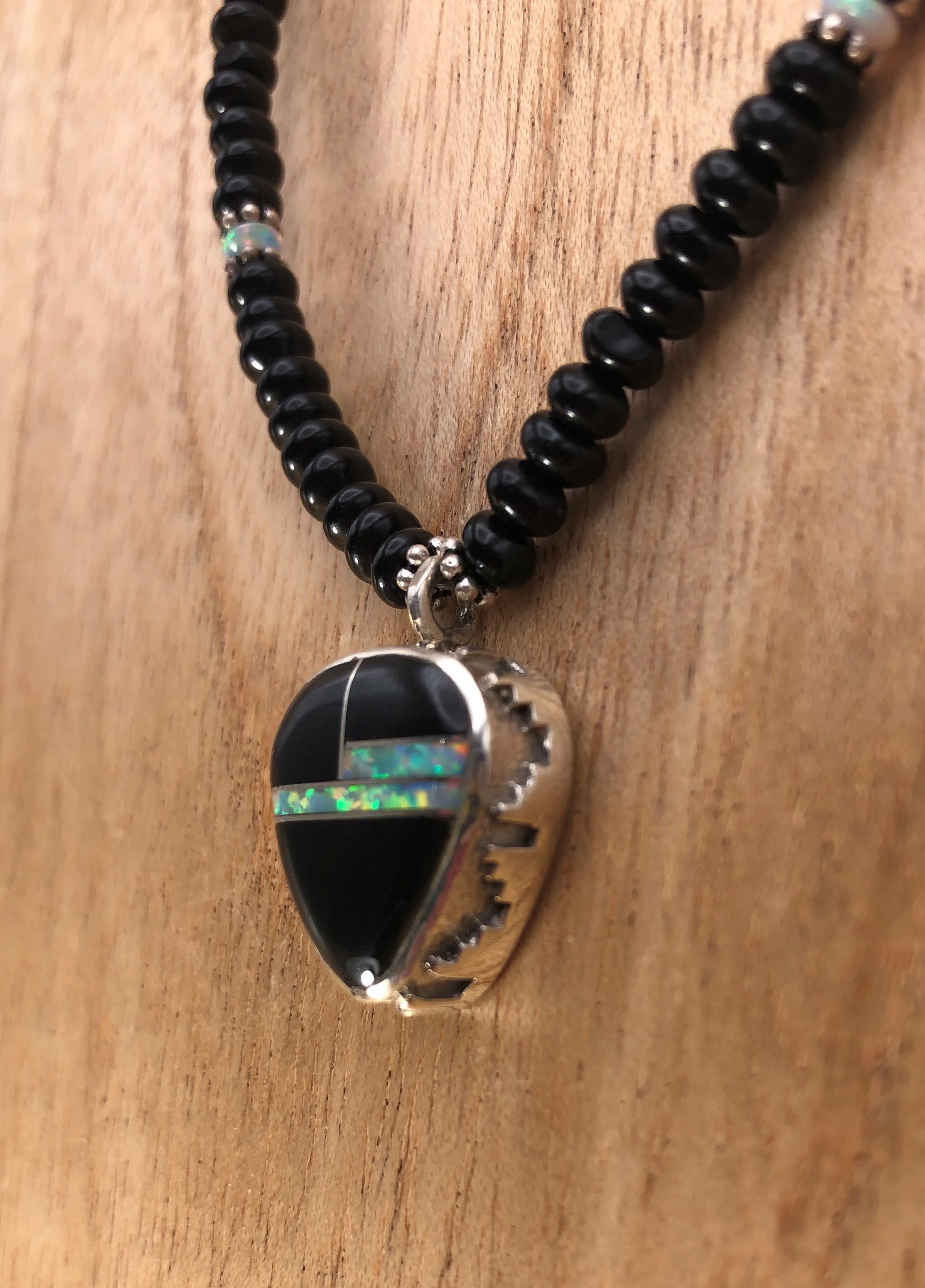 Native American Made Onyx Necklace With Jet And Opal Inlay Sterling Silver Pendant