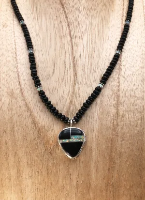 Native American Made Onyx Necklace With Jet And Opal Inlay Sterling Silver Pendant