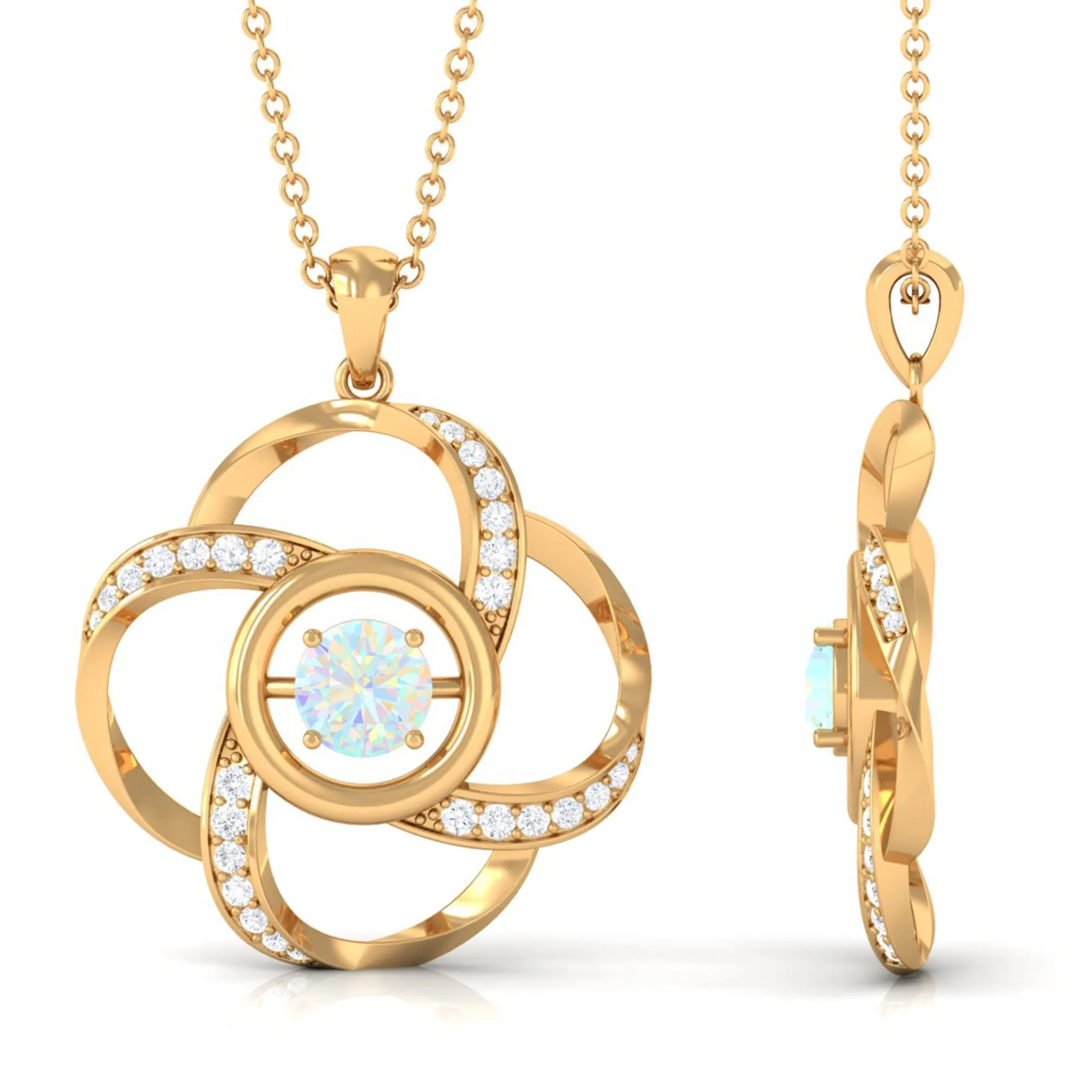 Natural Ethiopian Opal Floral Pendant Necklace with Diamond