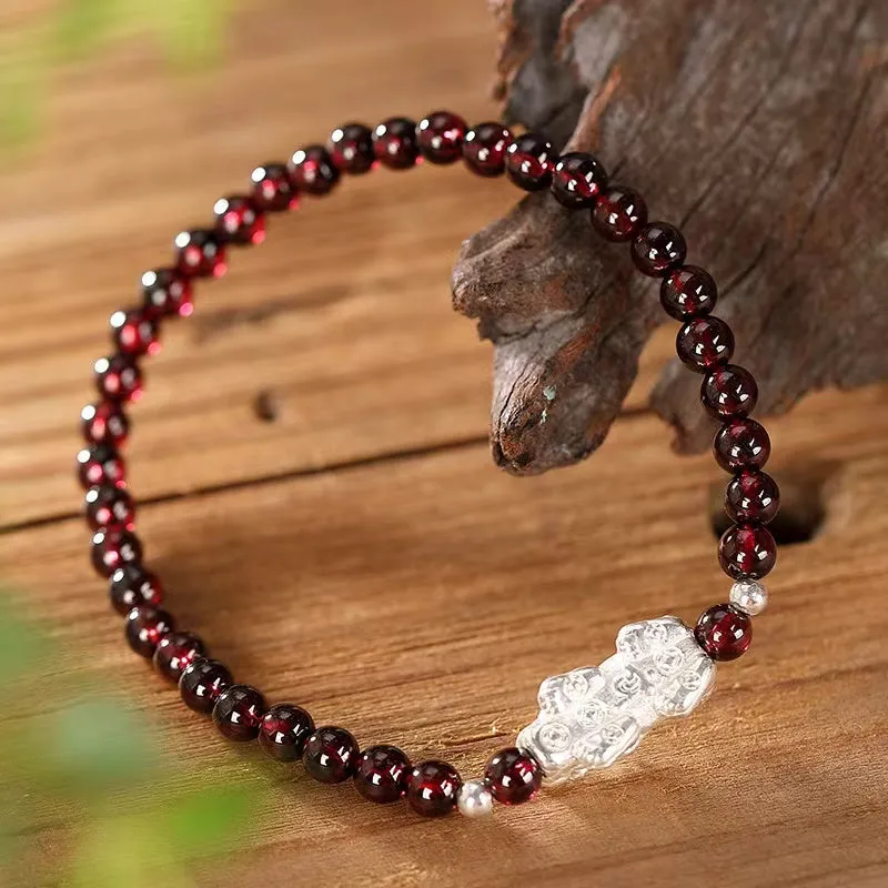 Natural Garnet Silver Pixiu Bracelet-Ancient Wisdom