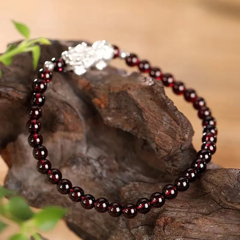 Natural Garnet Silver Pixiu Bracelet-Ancient Wisdom