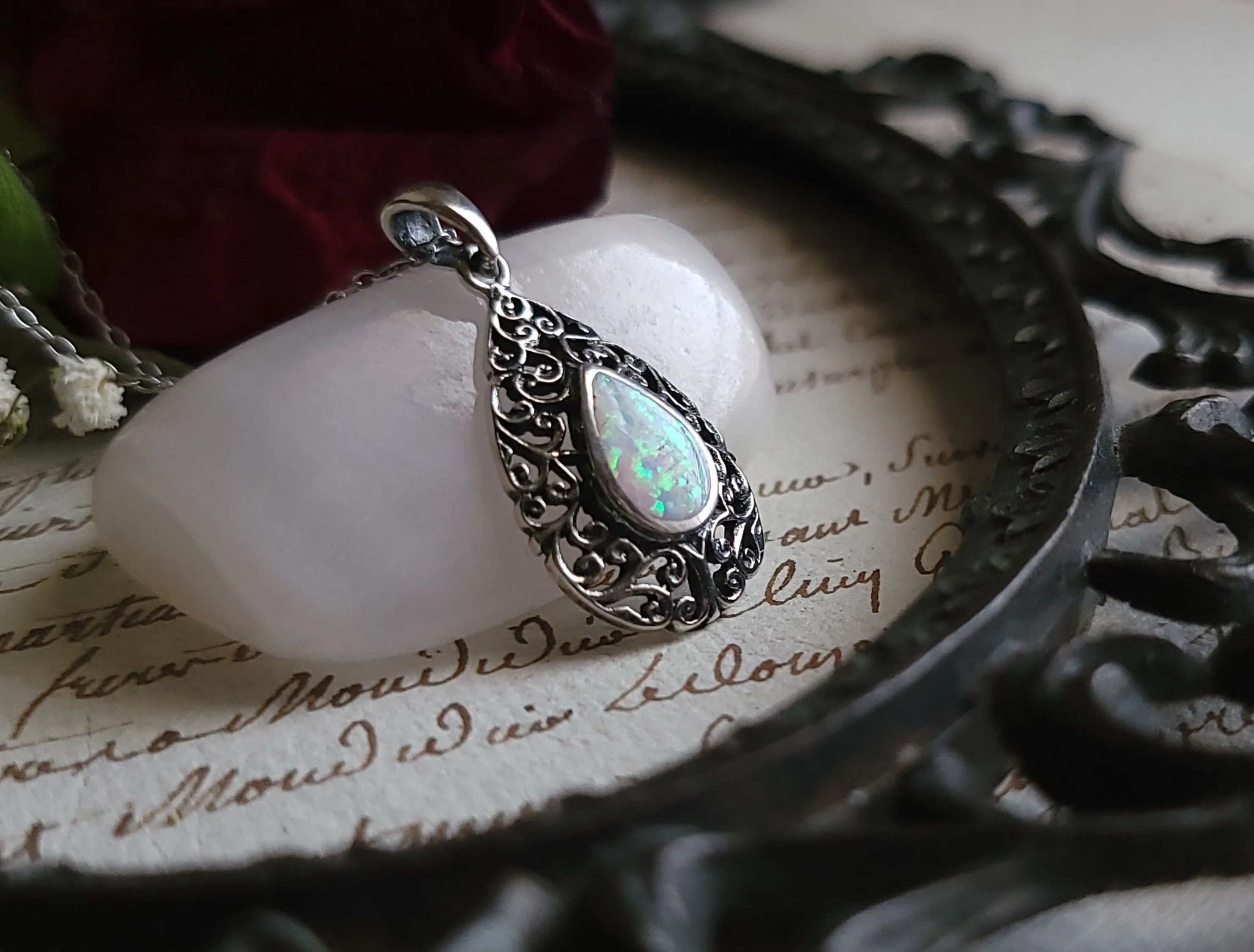 Opal Filigree Teardrop Necklace Sterling Silver