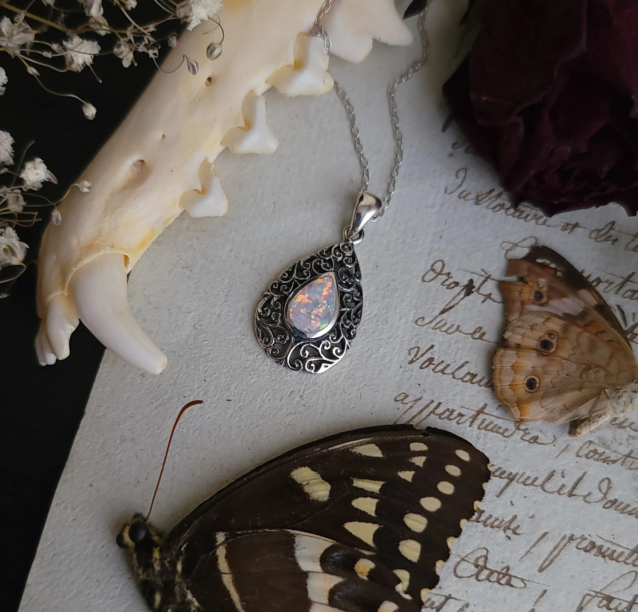 Opal Filigree Teardrop Necklace Sterling Silver
