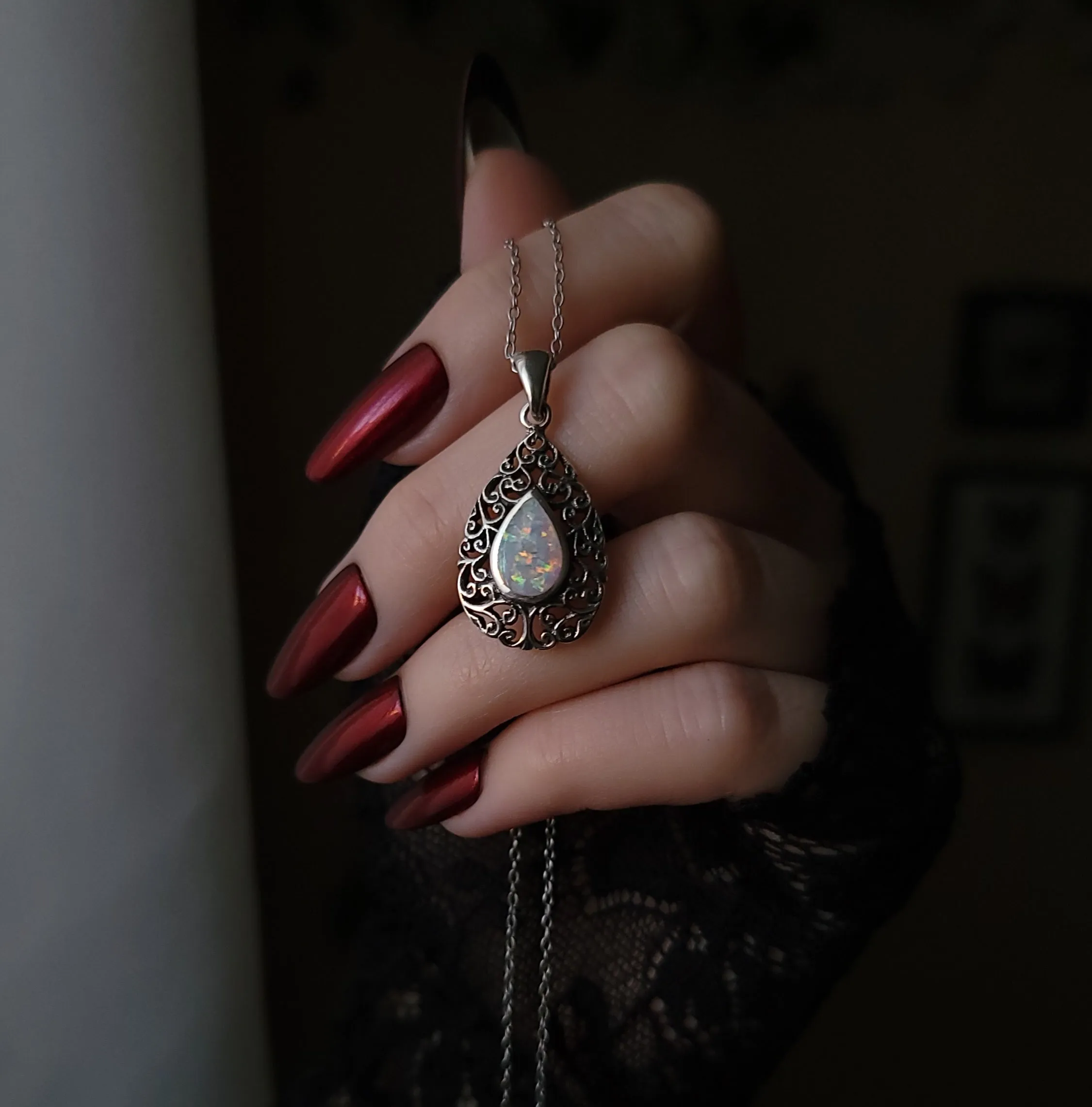 Opal Filigree Teardrop Necklace Sterling Silver