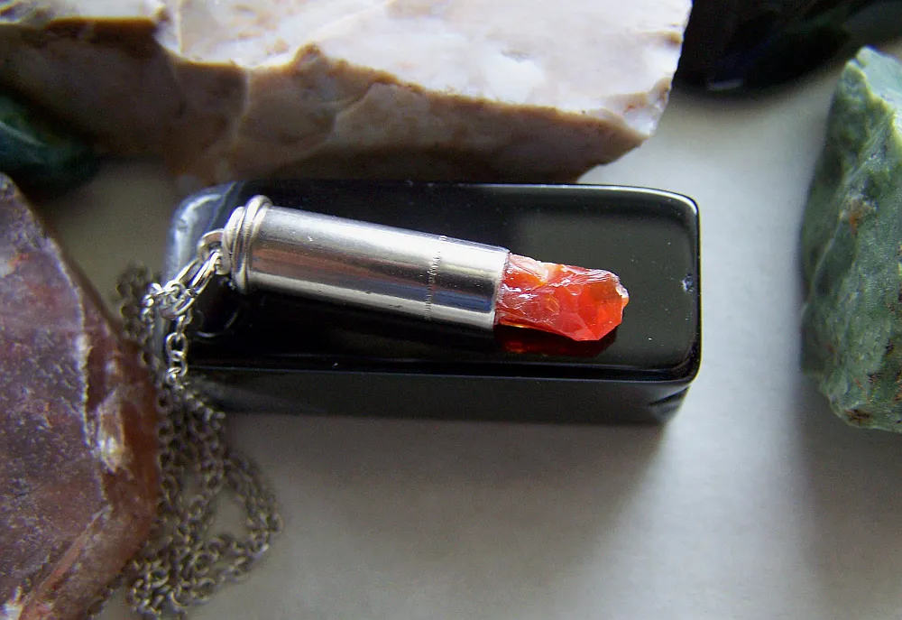 Orange Fire Opal Silver Bullet Pendant Necklace