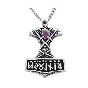 Ornate Thor's Hammer Necklace with Gemstone