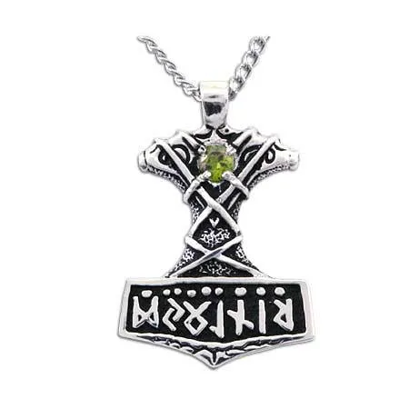 Ornate Thor's Hammer Necklace with Gemstone
