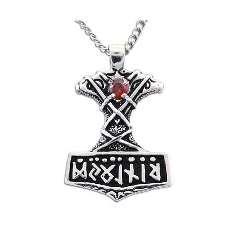 Ornate Thor's Hammer Necklace with Gemstone