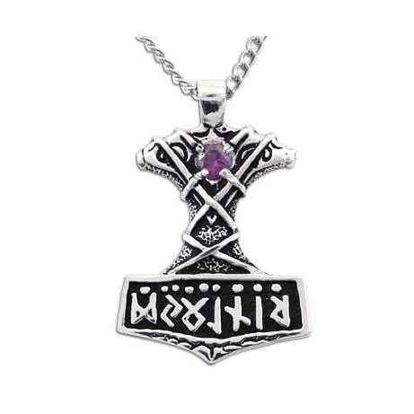 Ornate Thor's Hammer Necklace with Gemstone
