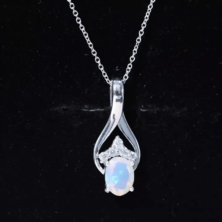 Oval Ethiopian Opal and Moissanite Silver Teardrop Pendant