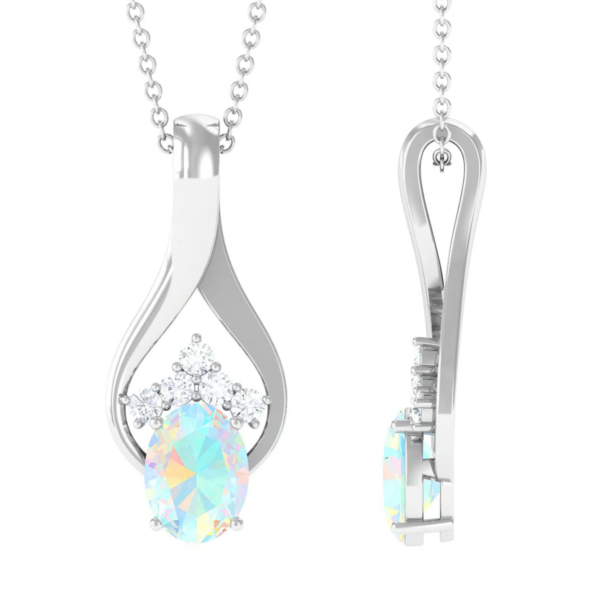 Oval Ethiopian Opal and Moissanite Silver Teardrop Pendant