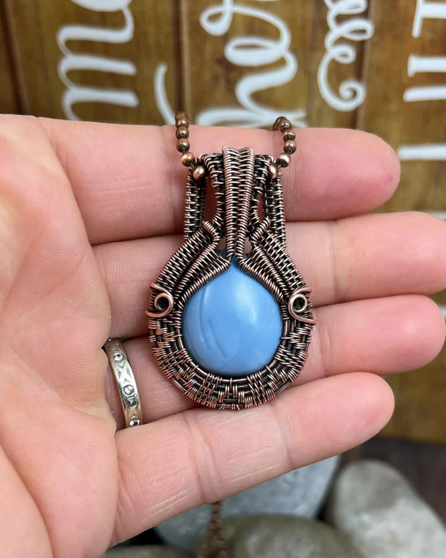 Oxidized Copper Wire Woven Owyhee Blue Opal Pendant