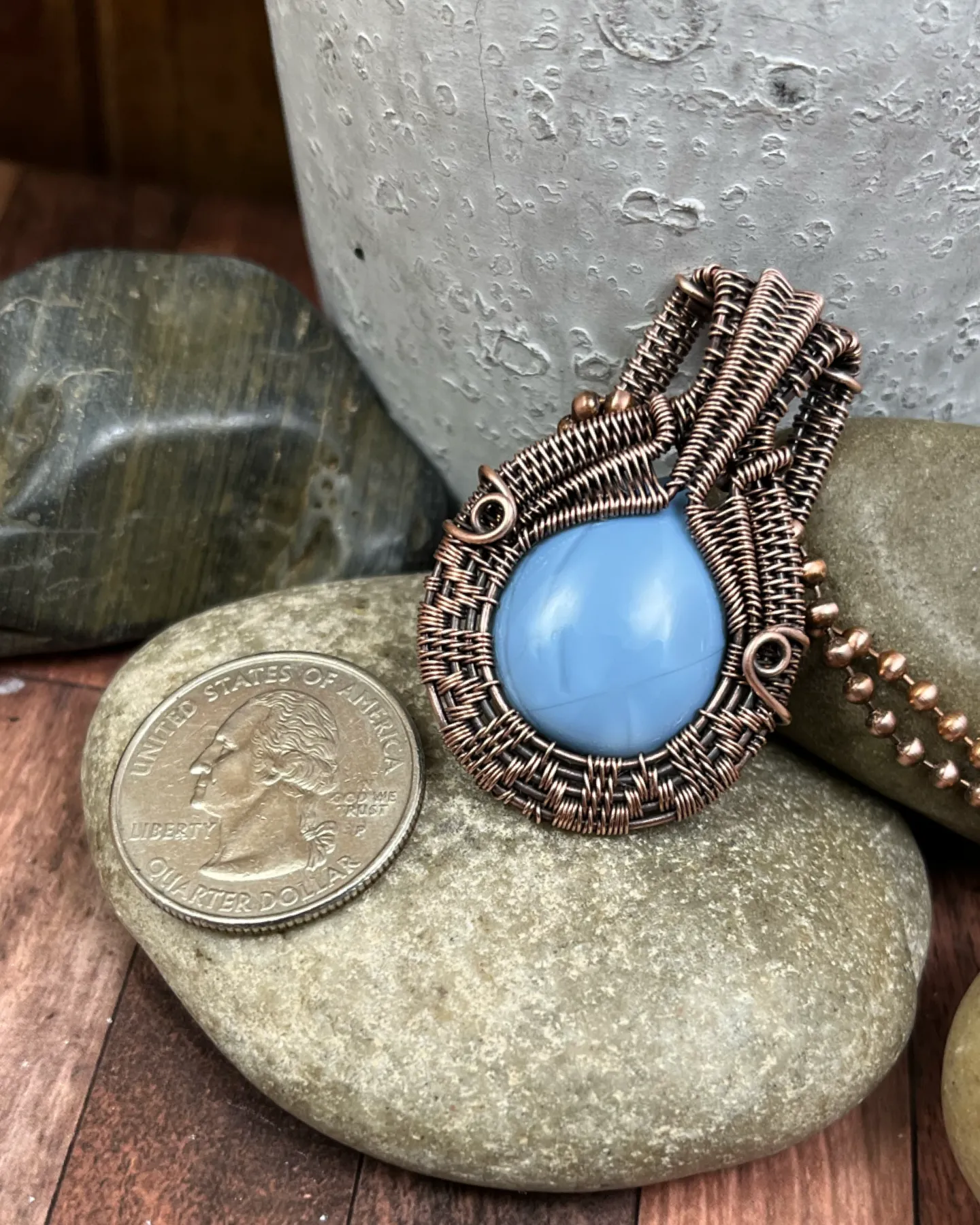 Oxidized Copper Wire Woven Owyhee Blue Opal Pendant