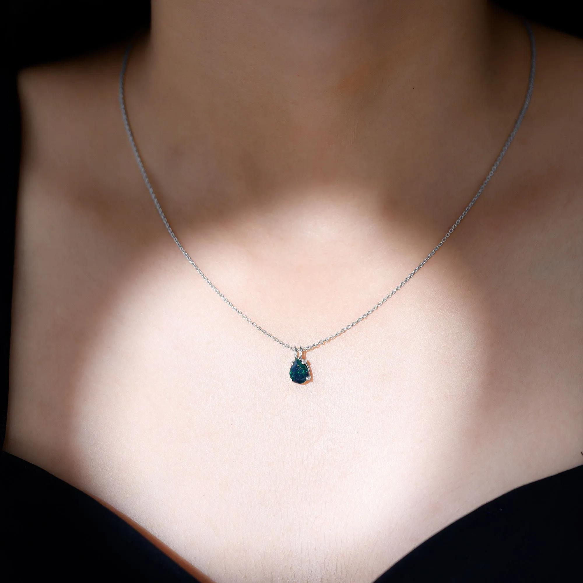 Pear Cut Natural Black Opal Solitaire Pendant in Gold
