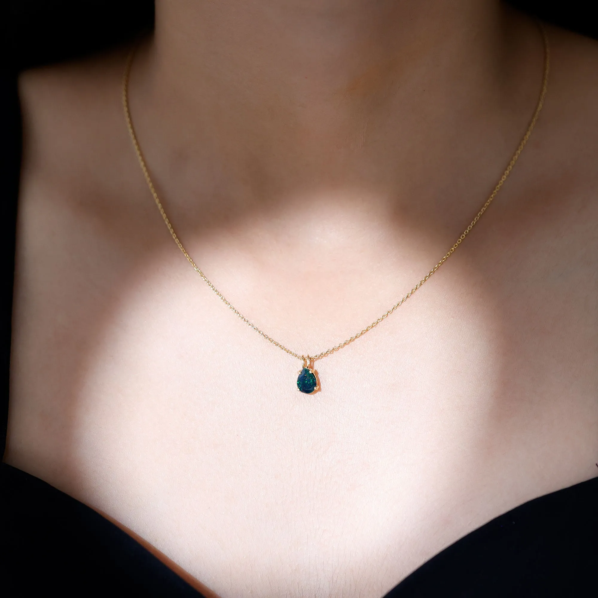 Pear Cut Natural Black Opal Solitaire Pendant in Gold