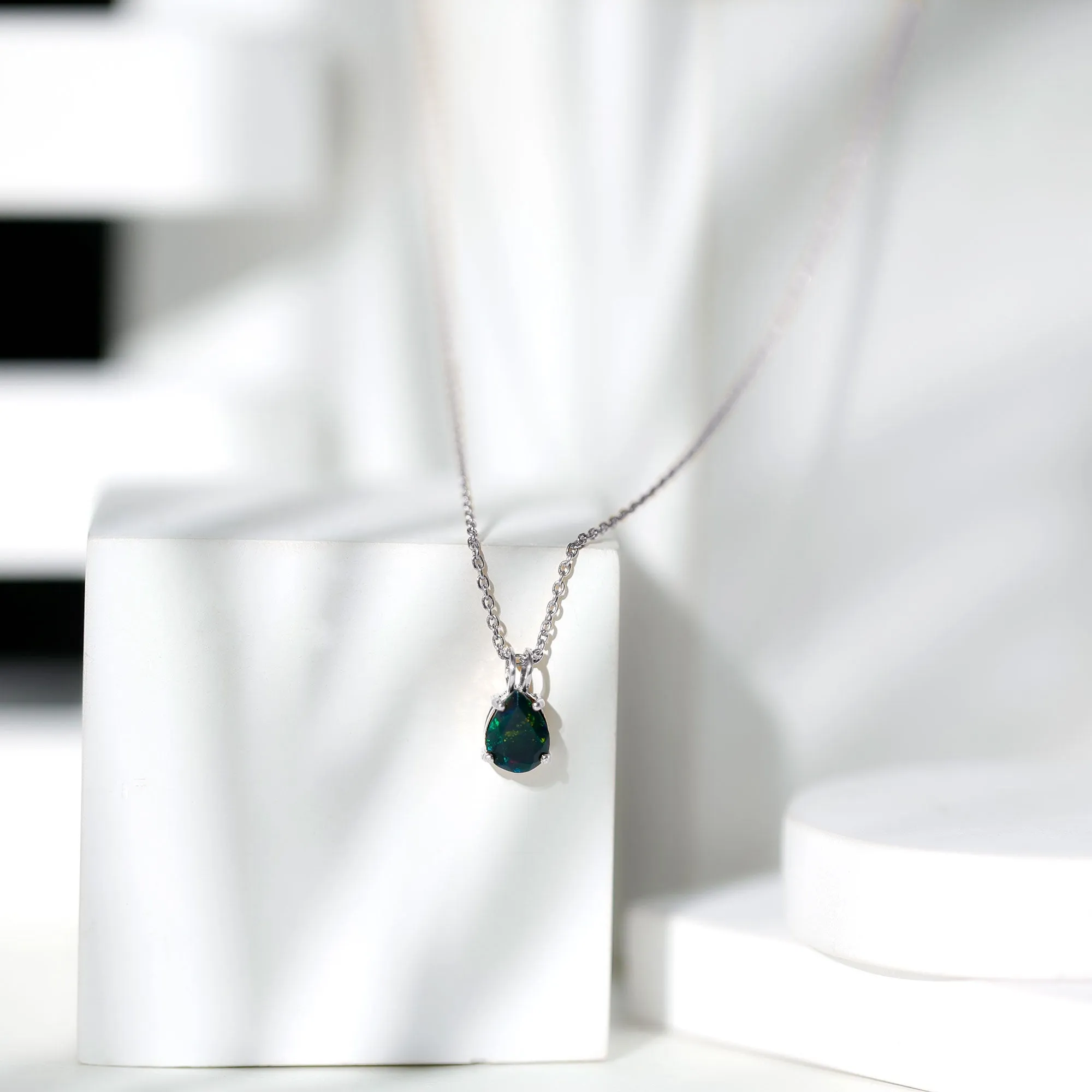 Pear Cut Natural Black Opal Solitaire Pendant in Gold