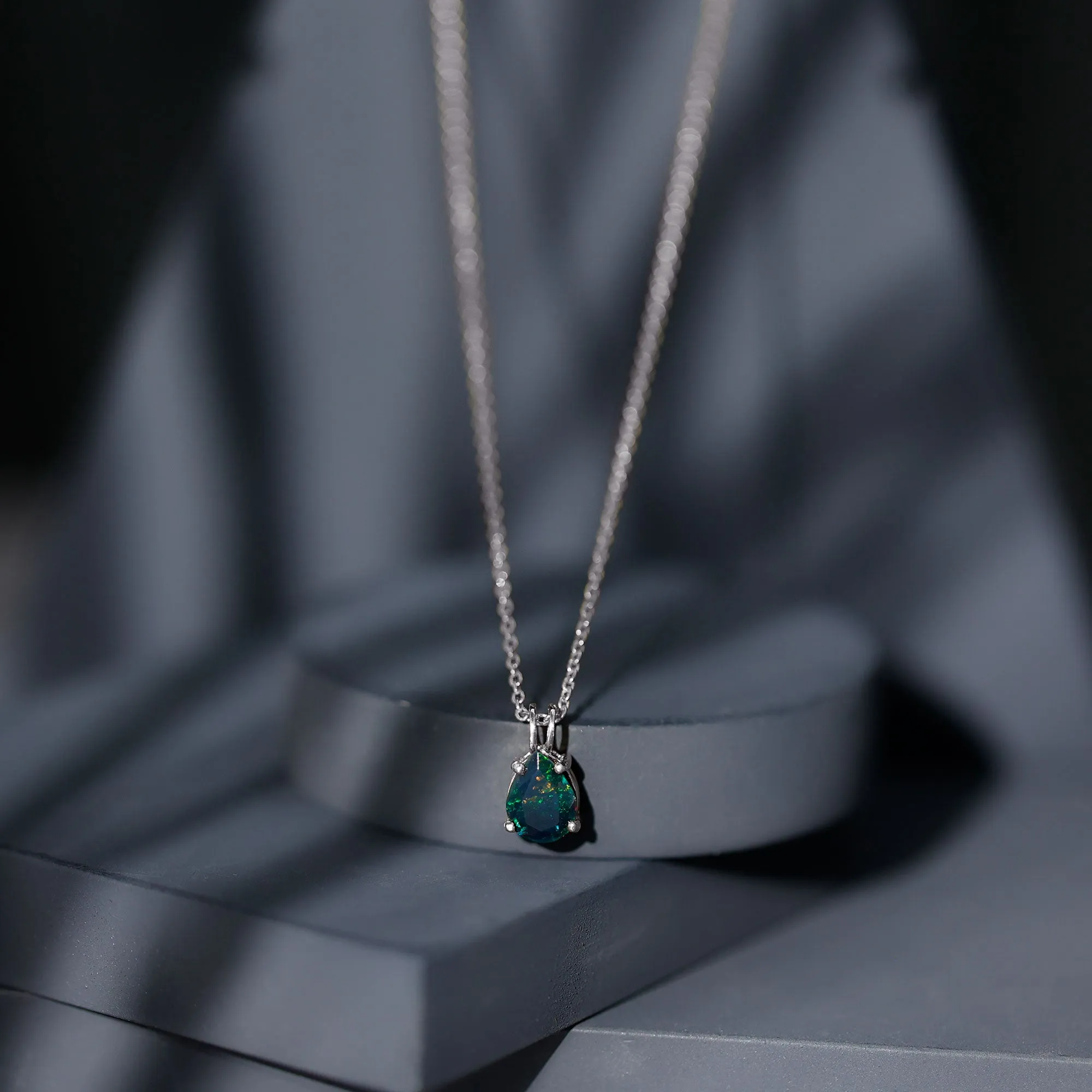 Pear Cut Natural Black Opal Solitaire Pendant in Gold
