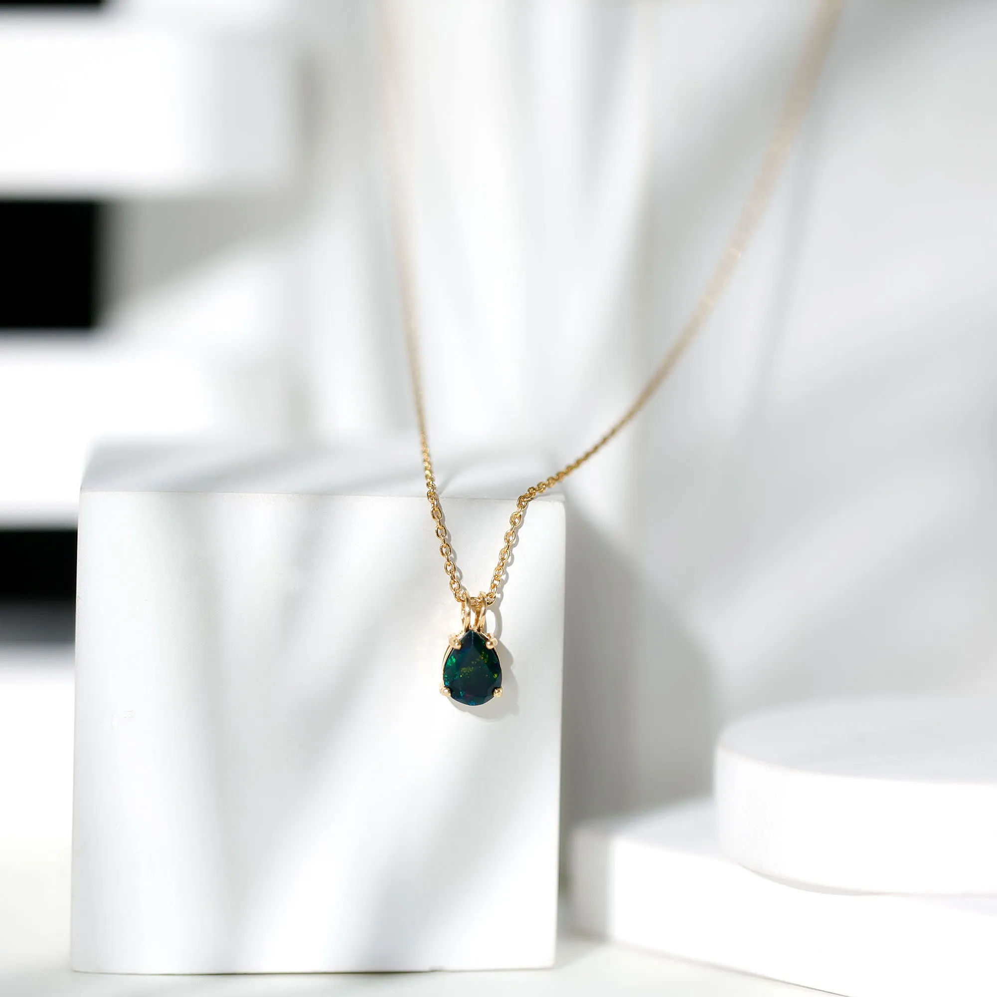 Pear Cut Natural Black Opal Solitaire Pendant in Gold
