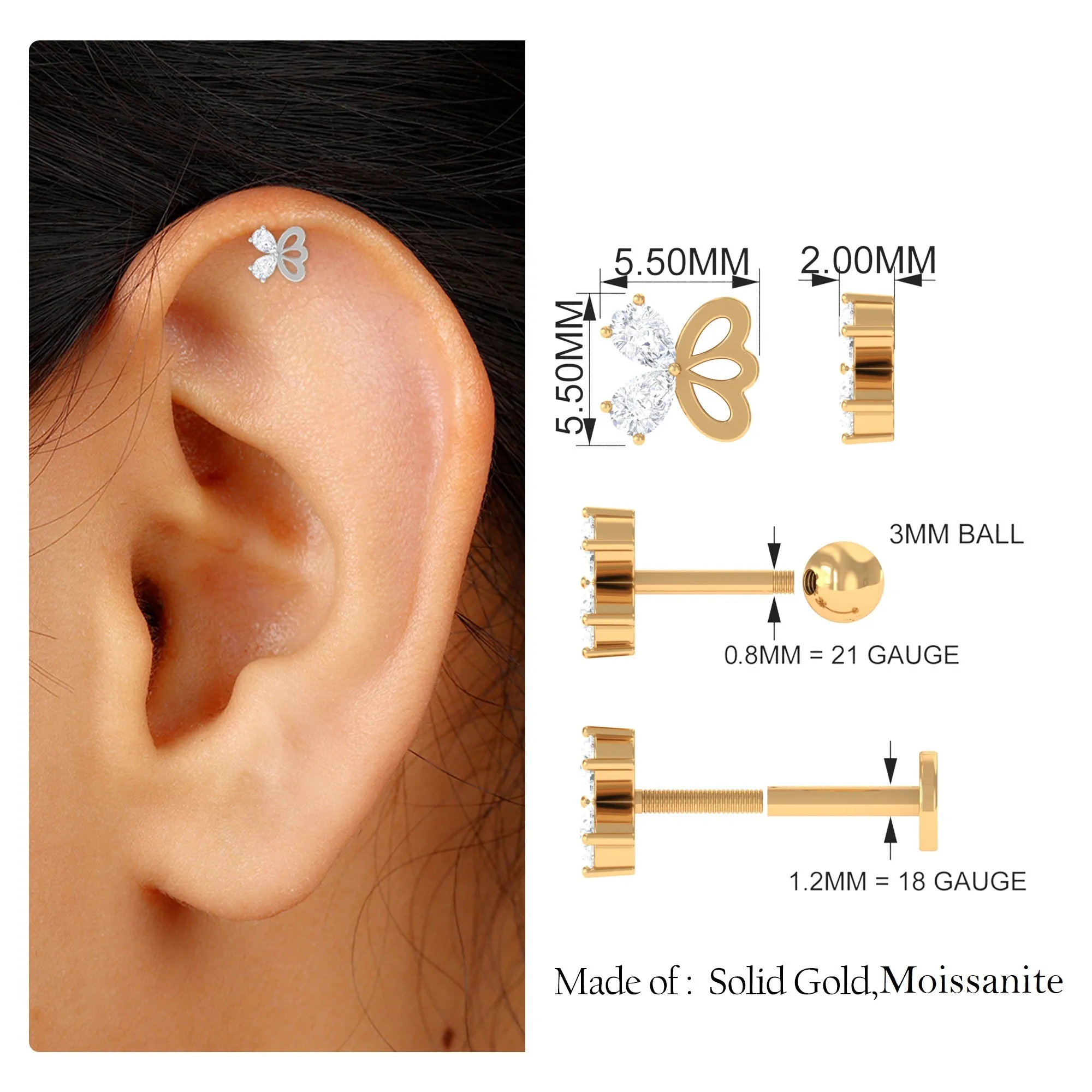Pear Moissanite Gold Butterfly Earring for Helix Piercing