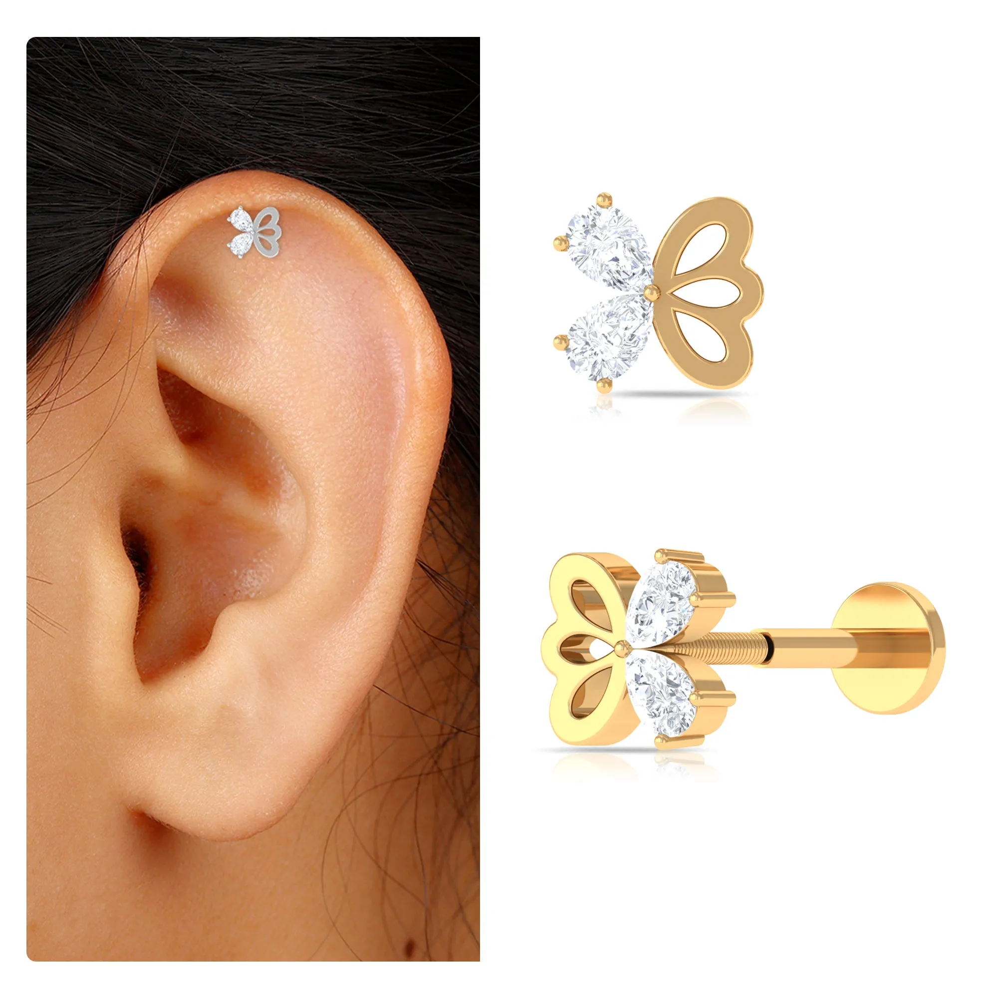 Pear Moissanite Gold Butterfly Earring for Helix Piercing