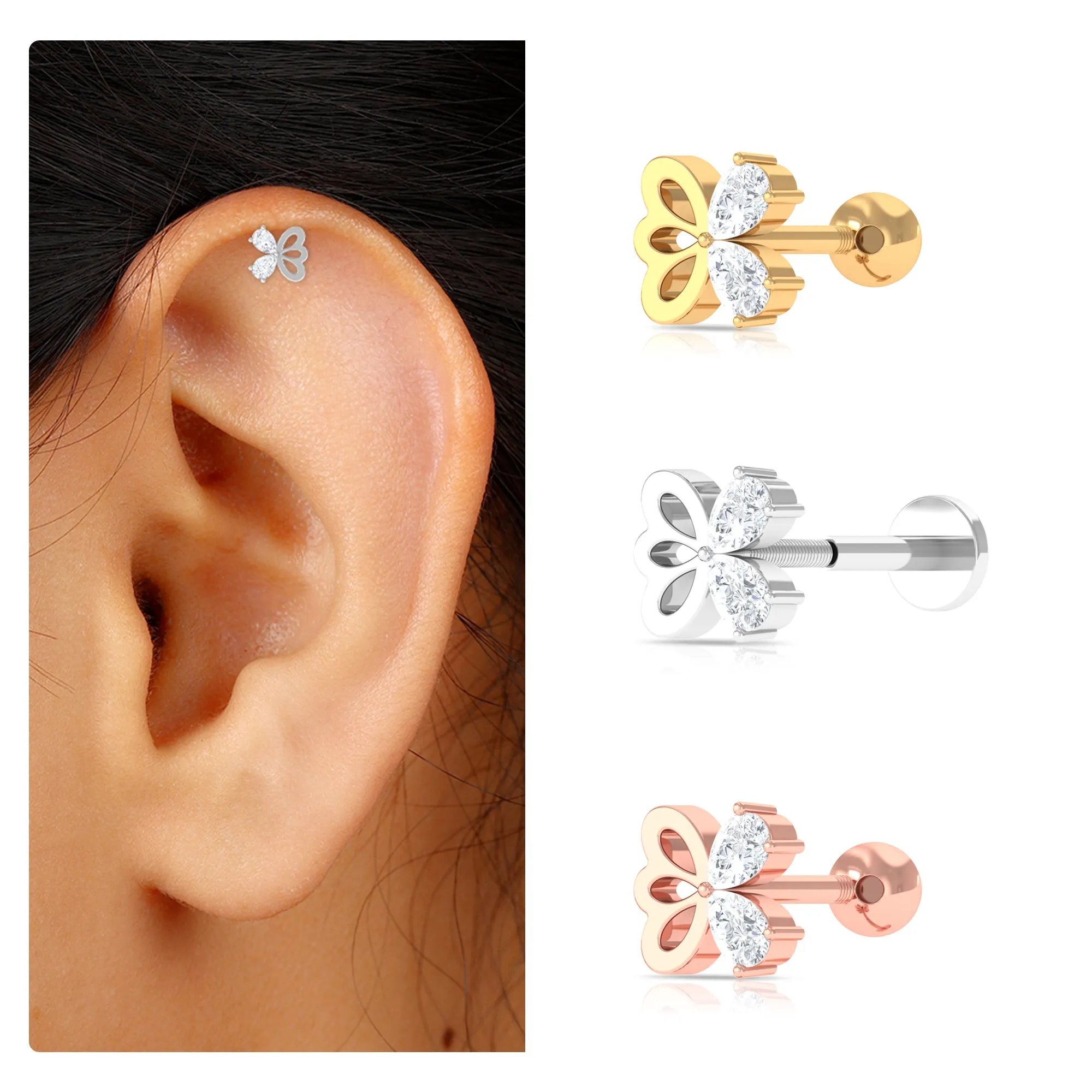 Pear Moissanite Gold Butterfly Earring for Helix Piercing