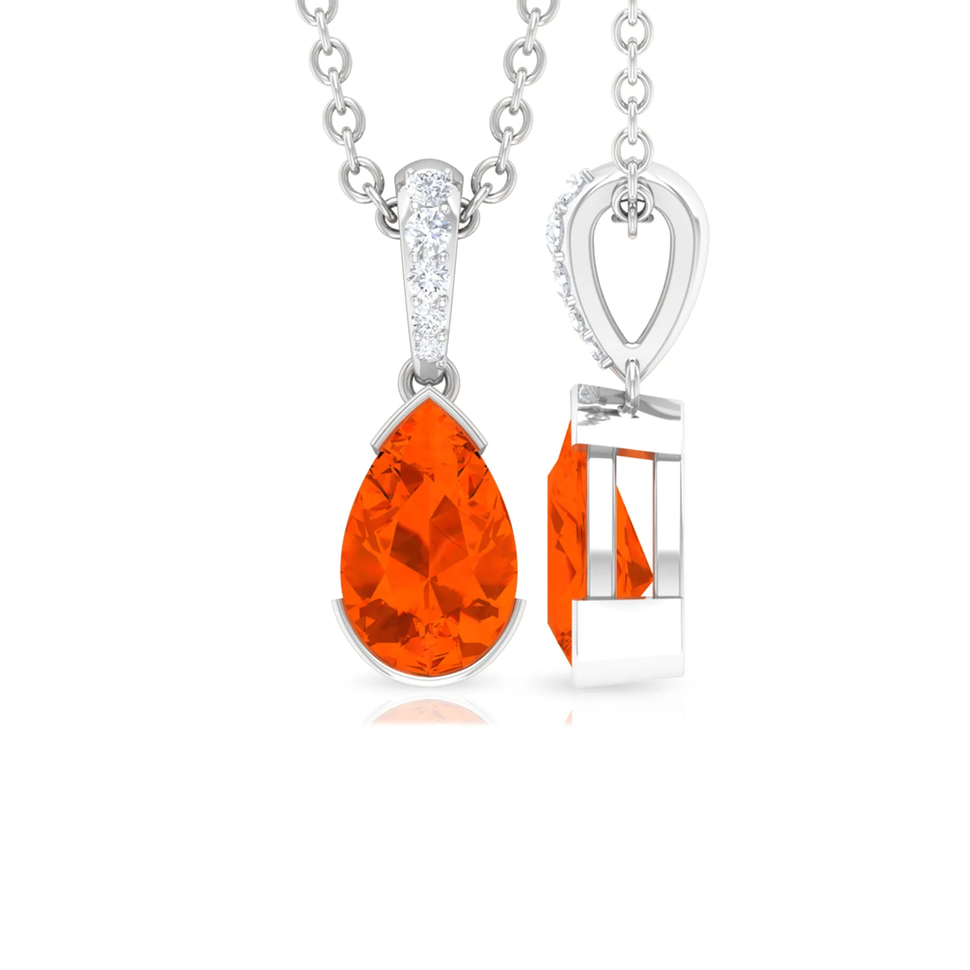 Pear Shape Fire Opal Solitaire Pendant with Diamond Accent Bail