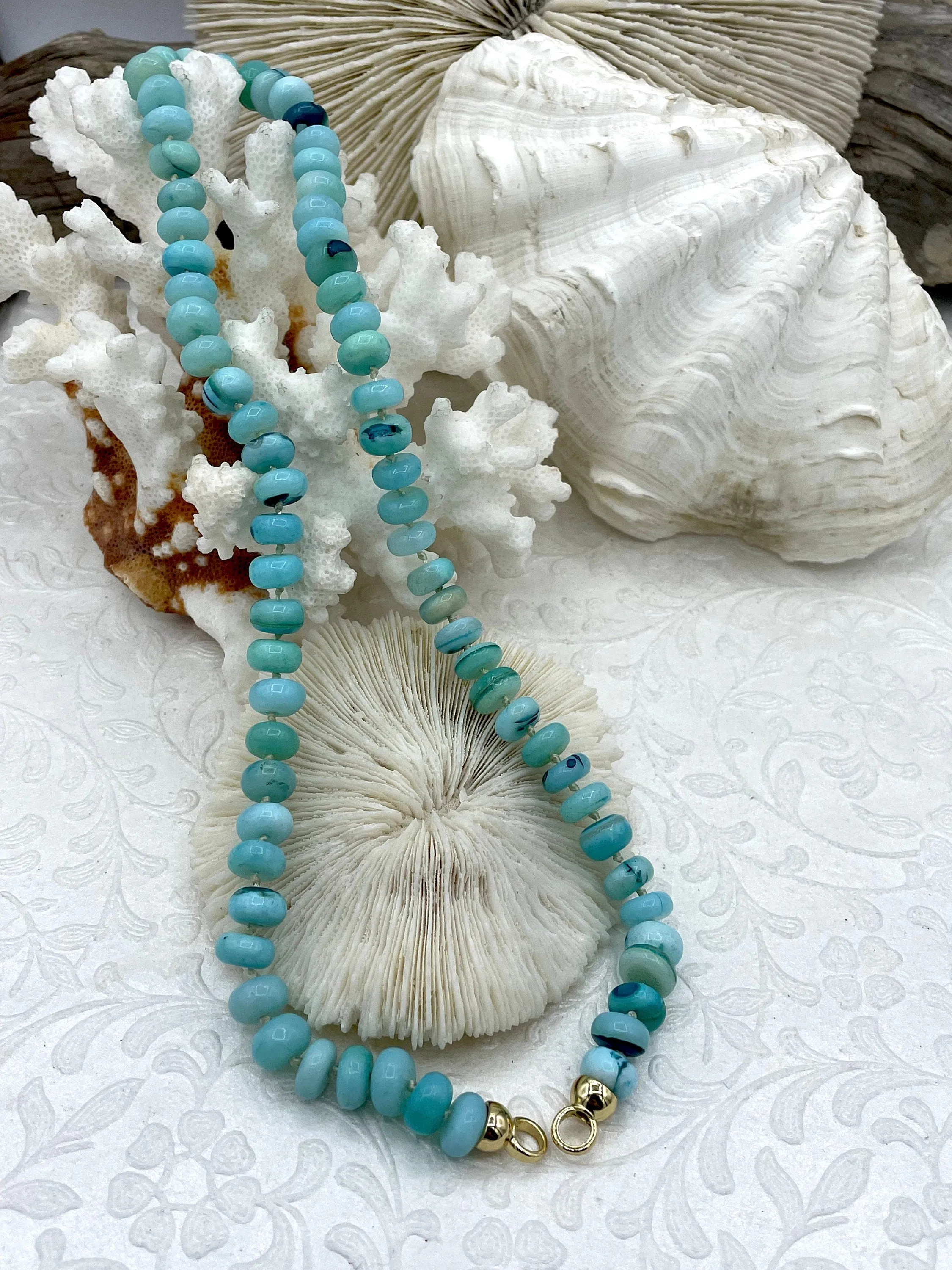 Peruvian Turquoise Mixed Opal Hand Knotted  Necklace,16", Rondelle Stones 8.5mmx5mm w/Gold orSilver Finished Ends, Candy Necklace, Fast Ship