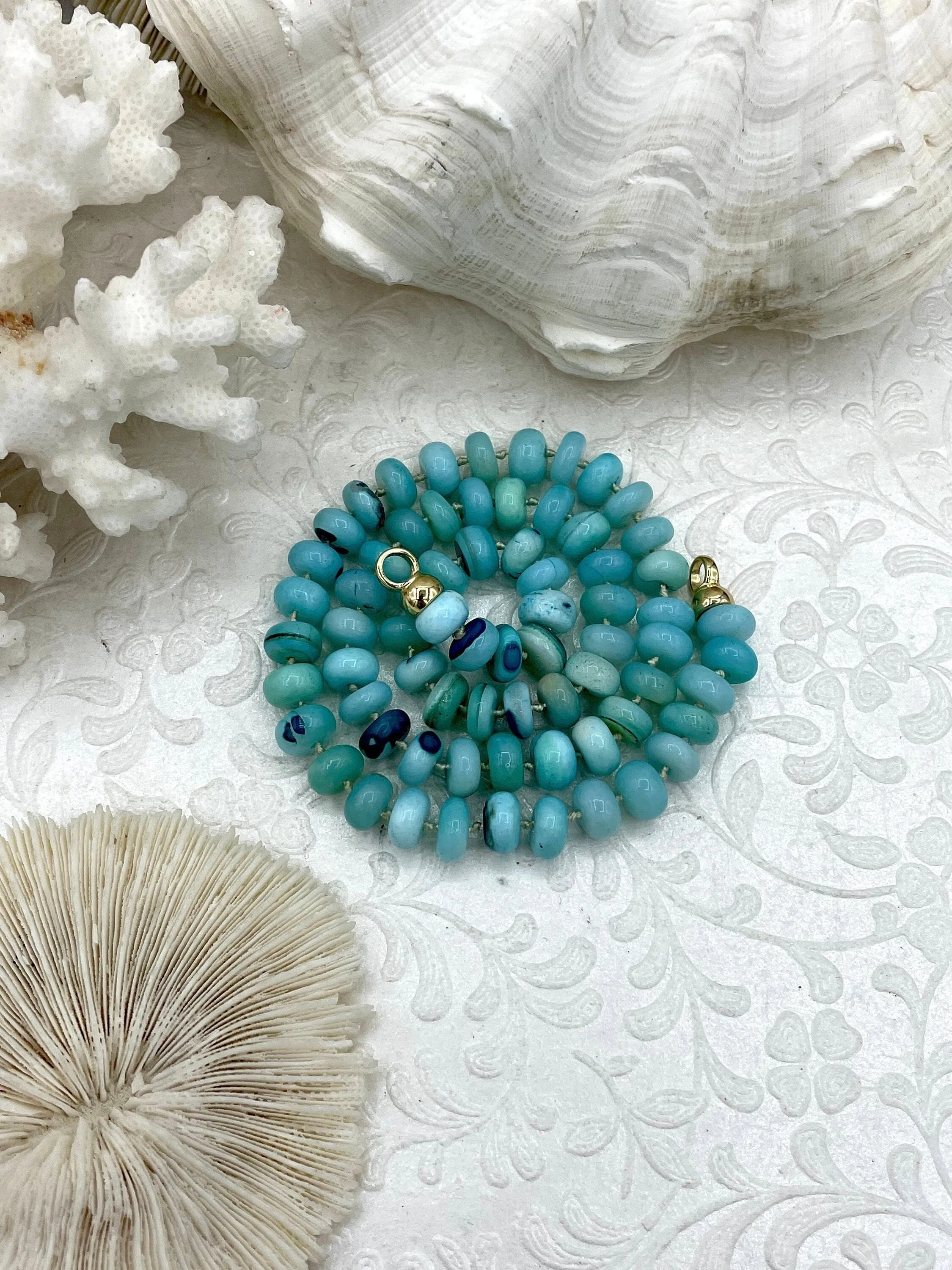 Peruvian Turquoise Mixed Opal Hand Knotted  Necklace,16", Rondelle Stones 8.5mmx5mm w/Gold orSilver Finished Ends, Candy Necklace, Fast Ship