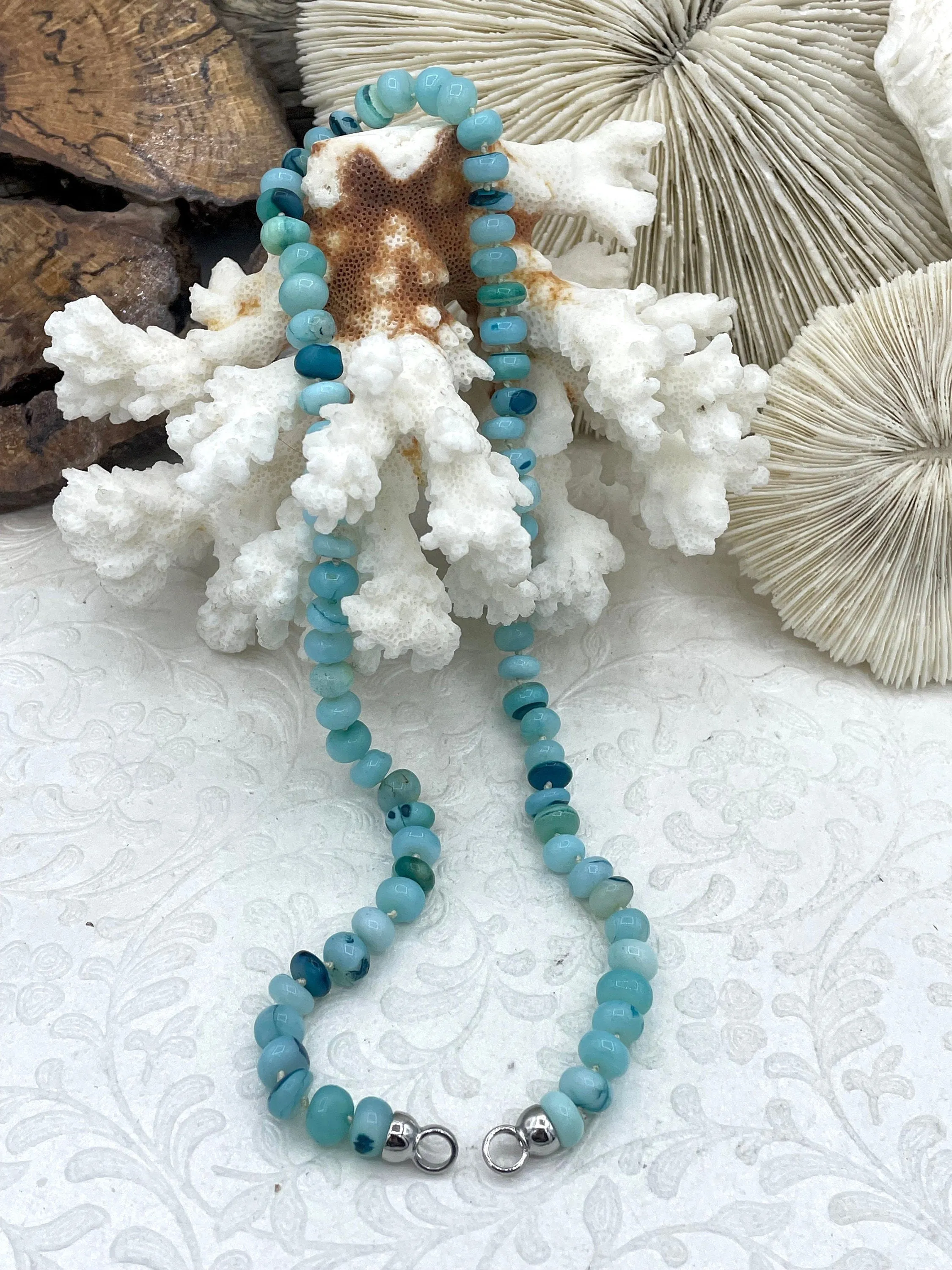 Peruvian Turquoise Mixed Opal Hand Knotted  Necklace,16", Rondelle Stones 8.5mmx5mm w/Gold orSilver Finished Ends, Candy Necklace, Fast Ship