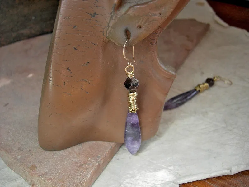 Purple Petal Earrings, Lepidolite Tabs, Faceted Dark Garnet